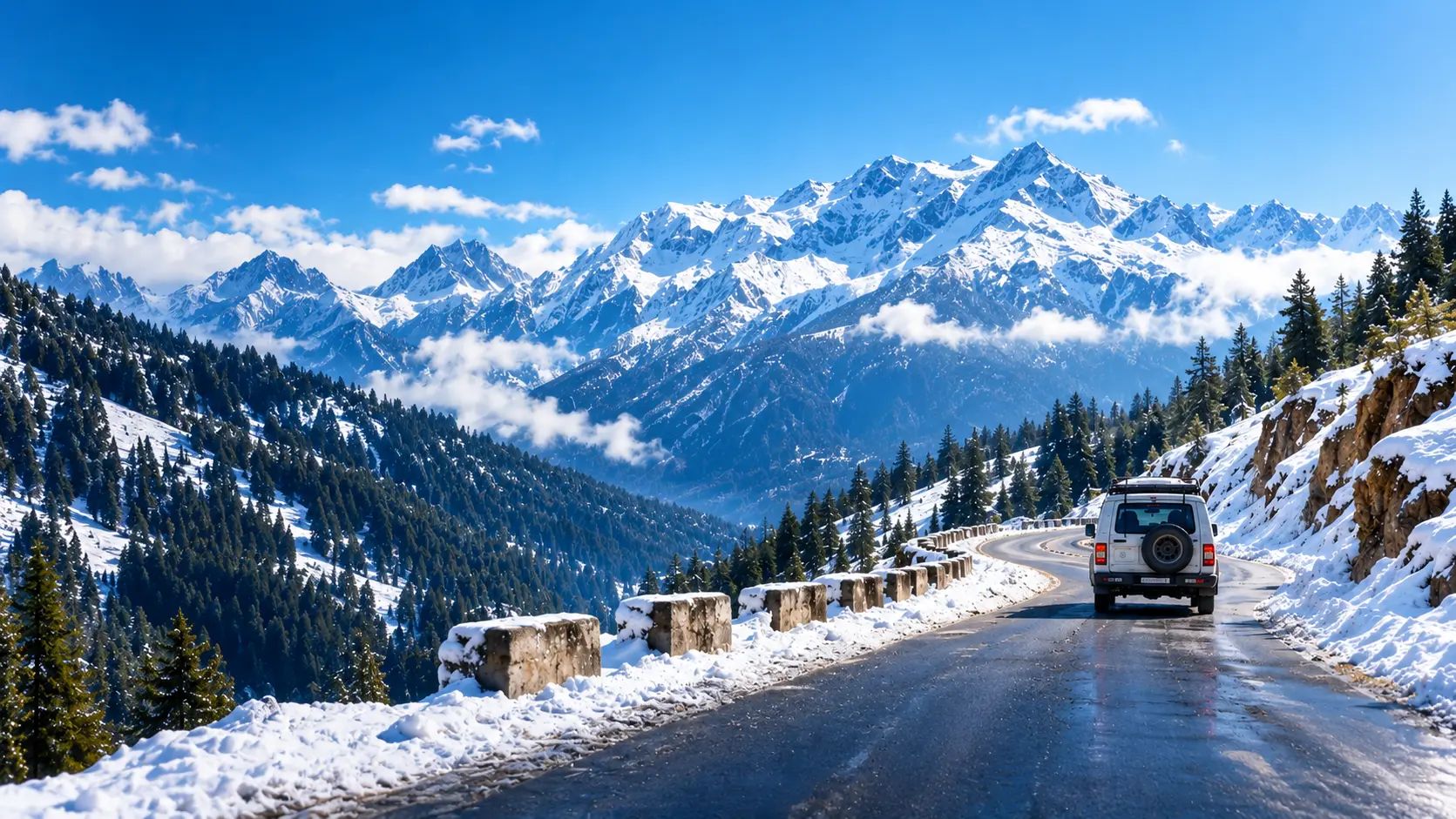 Snow-lined mountain road near Manali